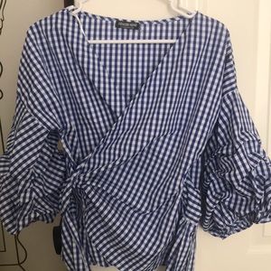 Blue gingham wrap shirt w+ puffy ruffle sleeves